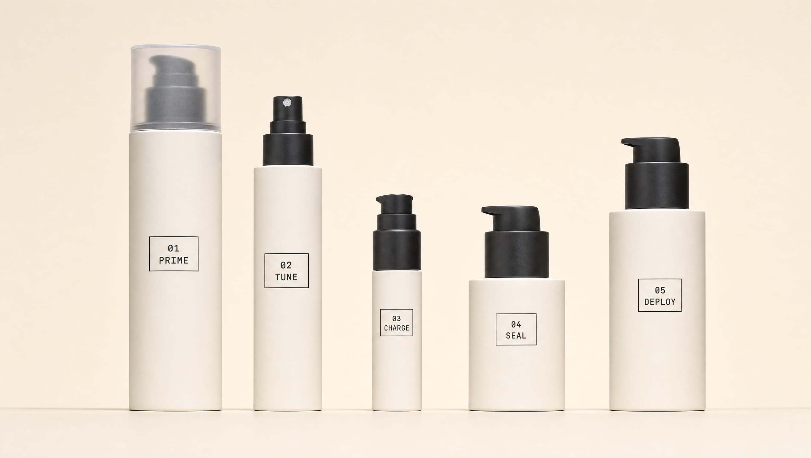 The five LOADOUT bottles lined up in step order at true relative scale: 01 PRIME cleanser (tallest), 02 TUNE toner, 03 CHARGE serum (smallest), 04 SEAL moisturizer, 05 DEPLOY SPF 30