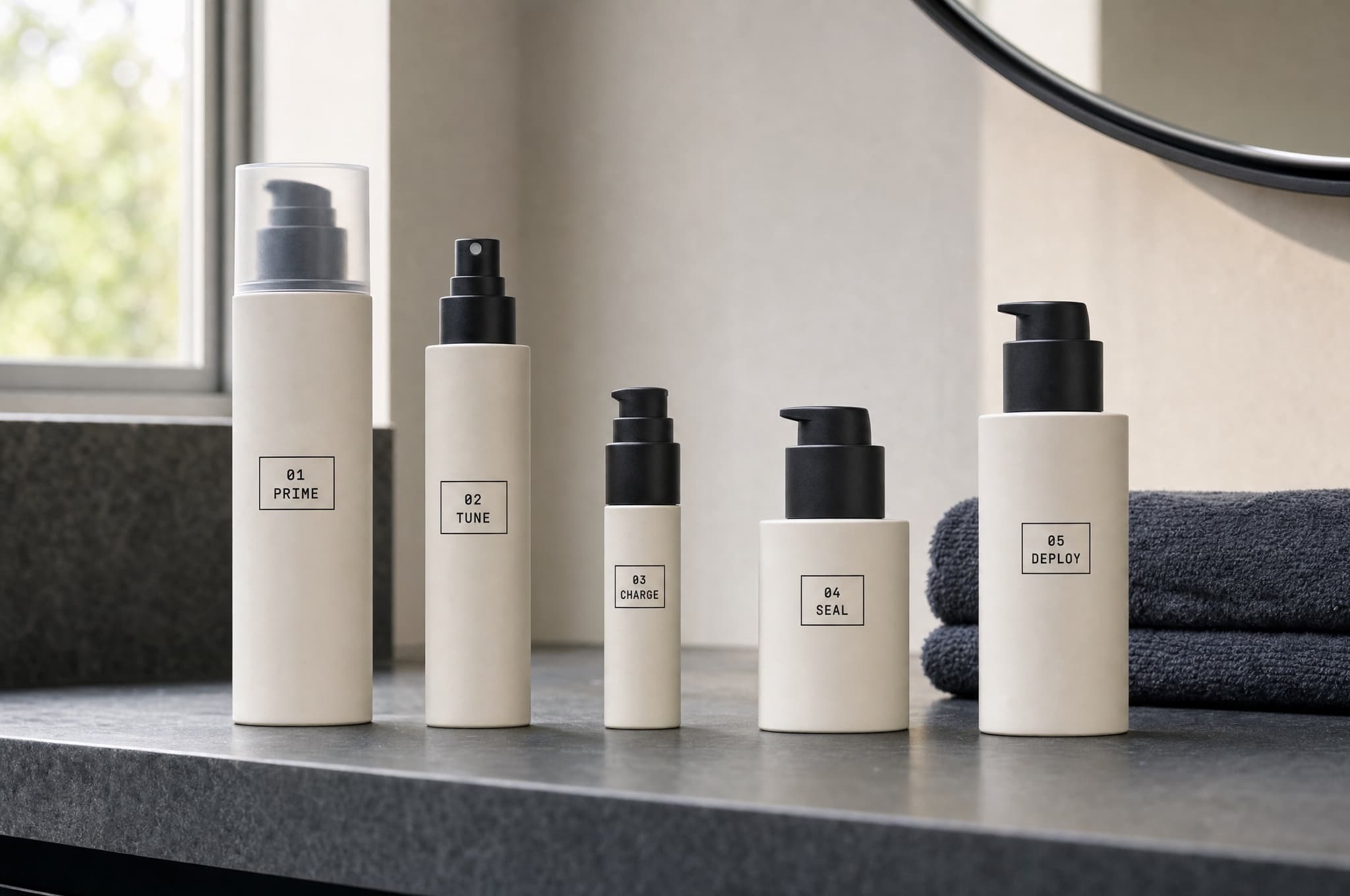 The five LOADOUT bottles staged on a stone bathroom counter in morning light